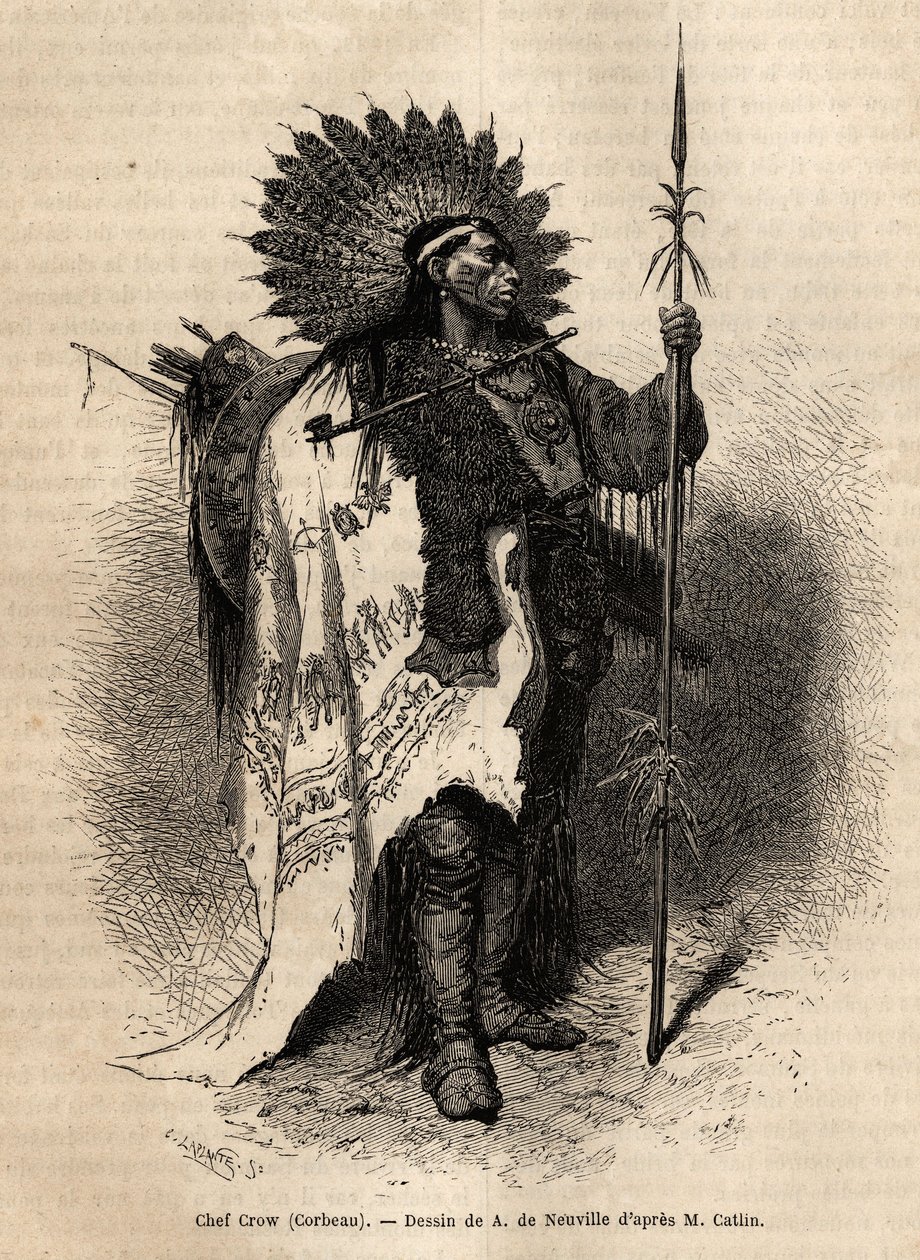 Chief Yellow Moccassin, Crow Indian heimo, joka asuu Lewis-joen varrella. G. Catlinin vuonna 1855 tekemä kaiverrus, joka havainnollistaa Kolumbian ja Ylä-Missourin altaiden intiaaniheimojen välistä retkiä, julkaistu "" le tour du monde" -julkaisussa. tekijältä Unknown artist