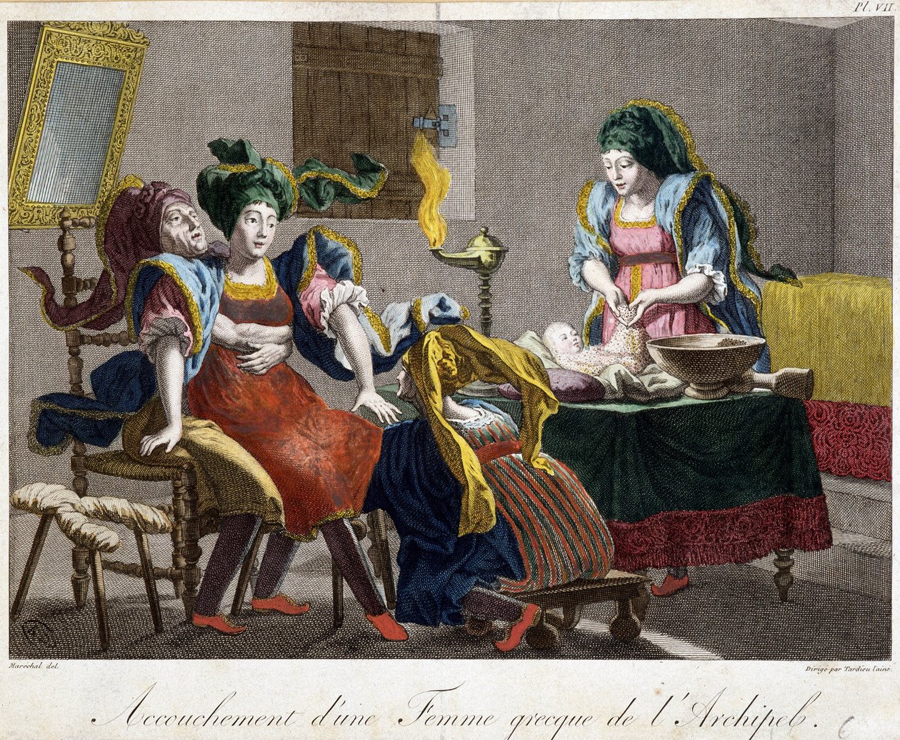 Synnytys Kreikassa - kaiverrus, 1800-luvun loppu tekijältä Unknown artist