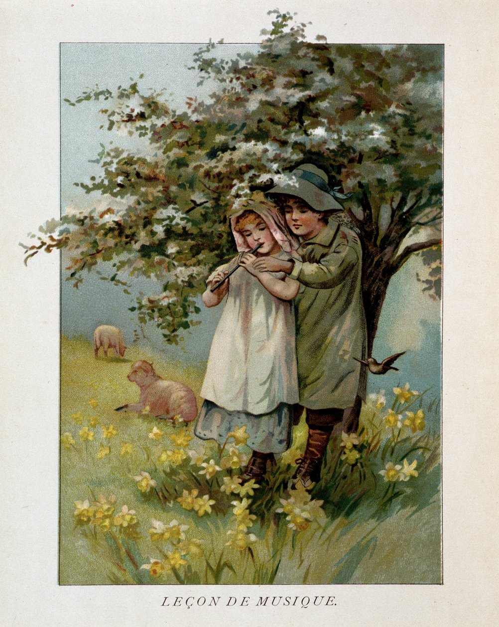 Paimenlapset soittamassa musiikkia kukkivassa maisemassa, ”” Music Lecon””. tekijältä Unknown artist