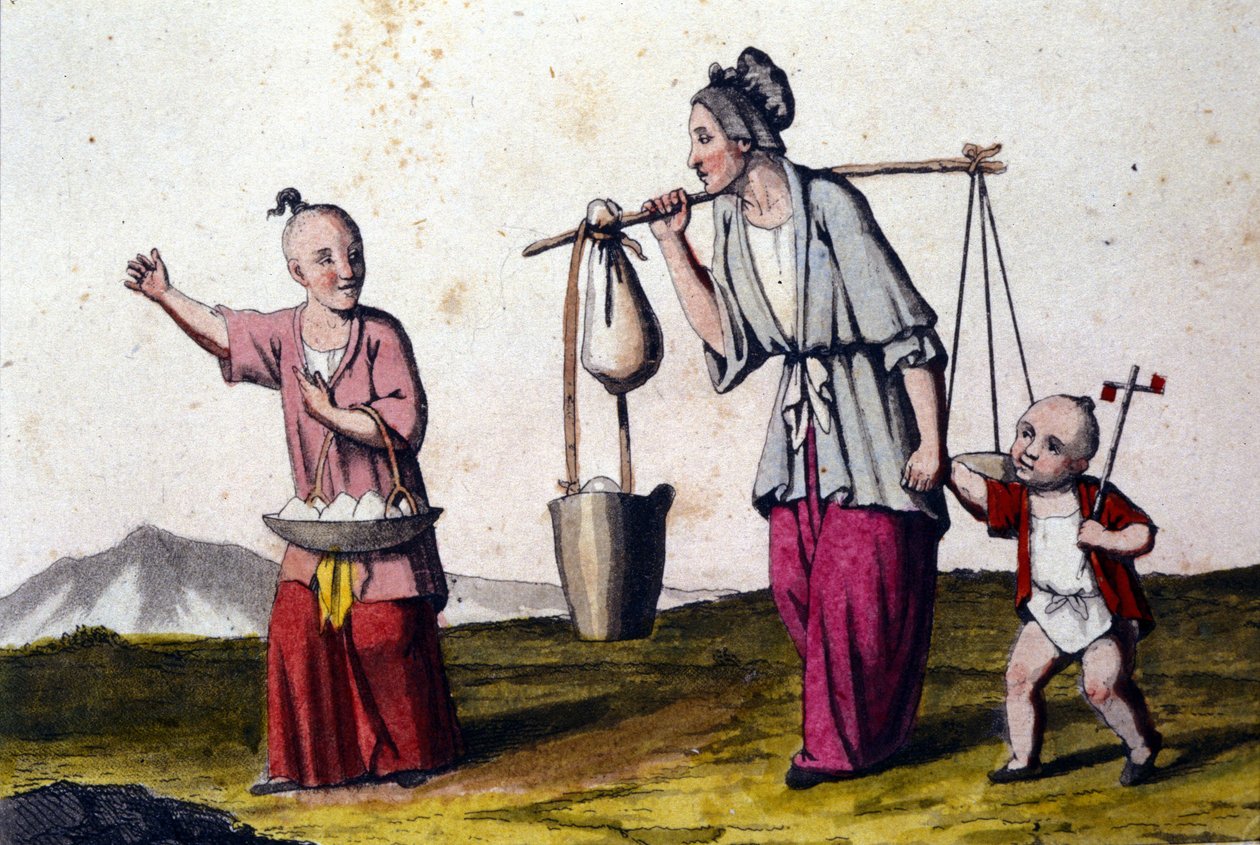 Kiina. Nainen kantoi vettä 2 lapsen seurassa, joista iso kantaa riisikoria. 1800-luvun vedoksia. tekijältä Unknown artist