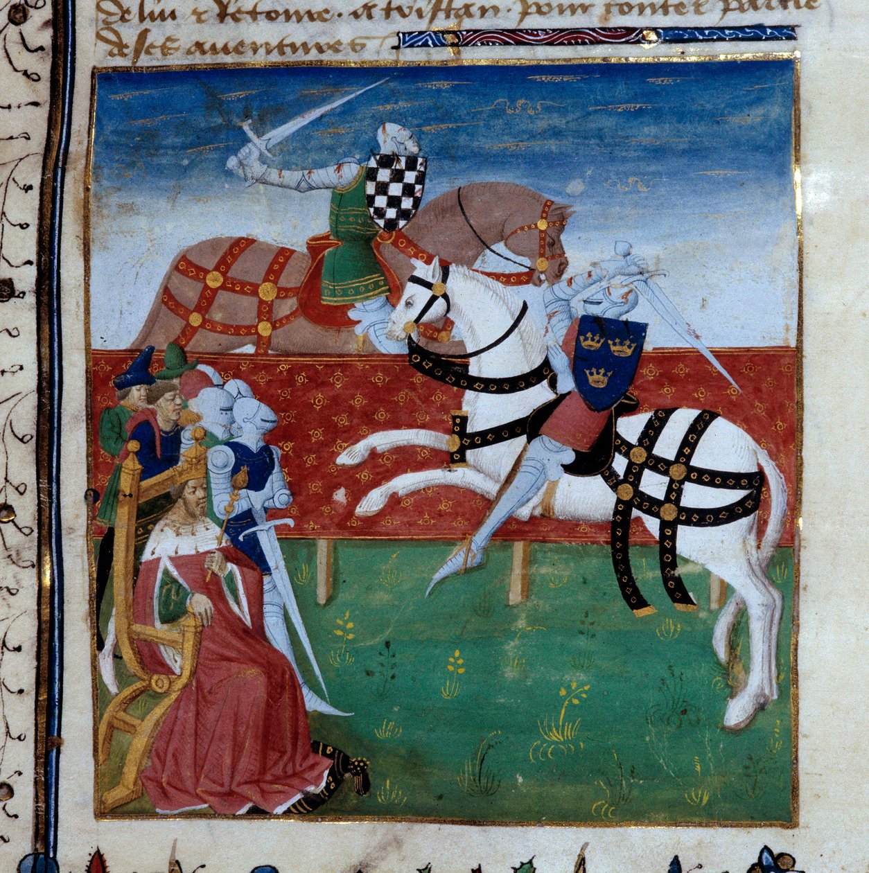 Ritarillinen turnaus Tristanin ja Palameden välillä. Miniatyyri otettu käsikirjoituksesta "Tristanin romaani", jonka otsikko on Master Charles of Maine tekijältä Unknown artist