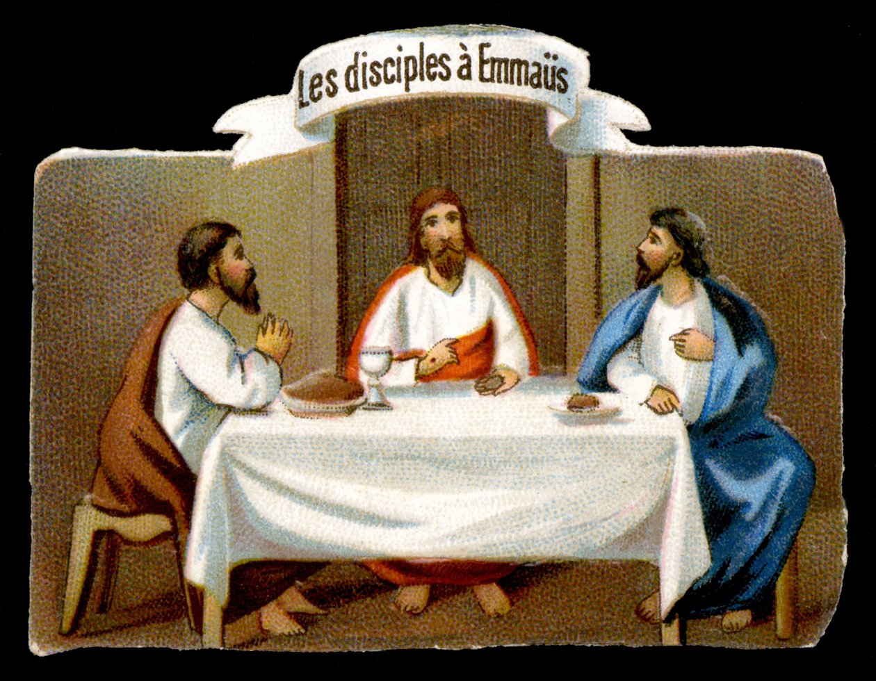 Kristus pelastaa Emmauksen opetuslapset. 1800-luvun kromolitografia. tekijältä Unknown artist