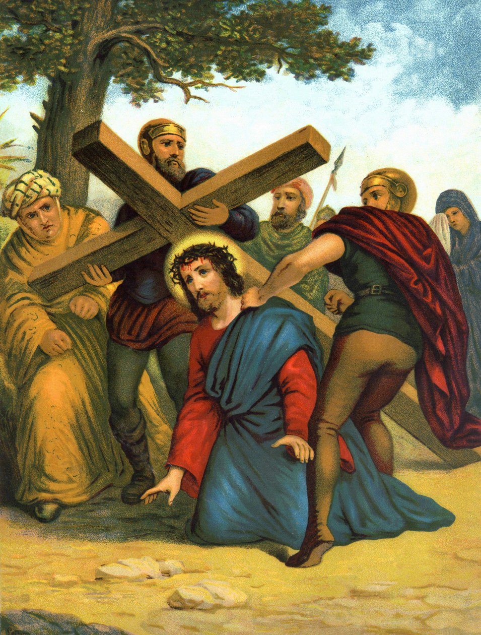 1800-luvun lopun kromolitografia, joka kuvaa Kristuksen elämää: Jeesus lankeaa ensin ristin alle. tekijältä Unknown artist
