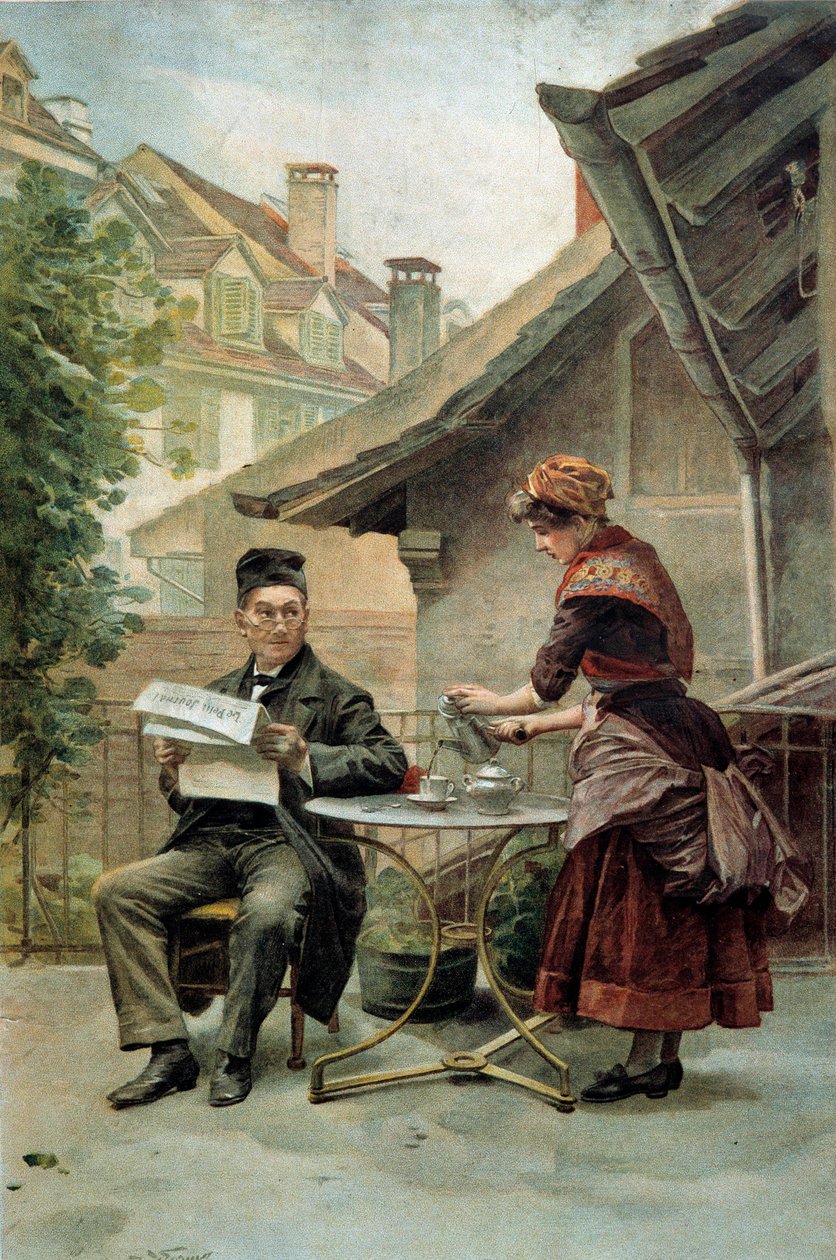 Kahvitunti: palvelija palvelee vanhaa miestä, joka istuu pöydän ääressä ja lukee "pientä sanomalehteä". 1800-luvun akvarelli. Pariisi, koristetaide tekijältä Unknown artist