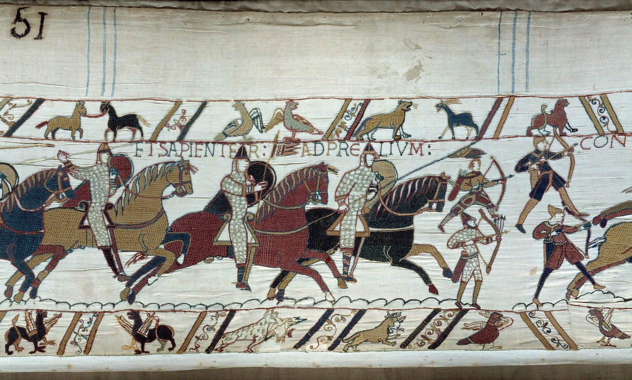 Normandian herttua William Valloittajan (1027-1087) valloitus Englannissa vuonna 1066: Hastingsin taistelun alku. Yksityiskohta Bayeux