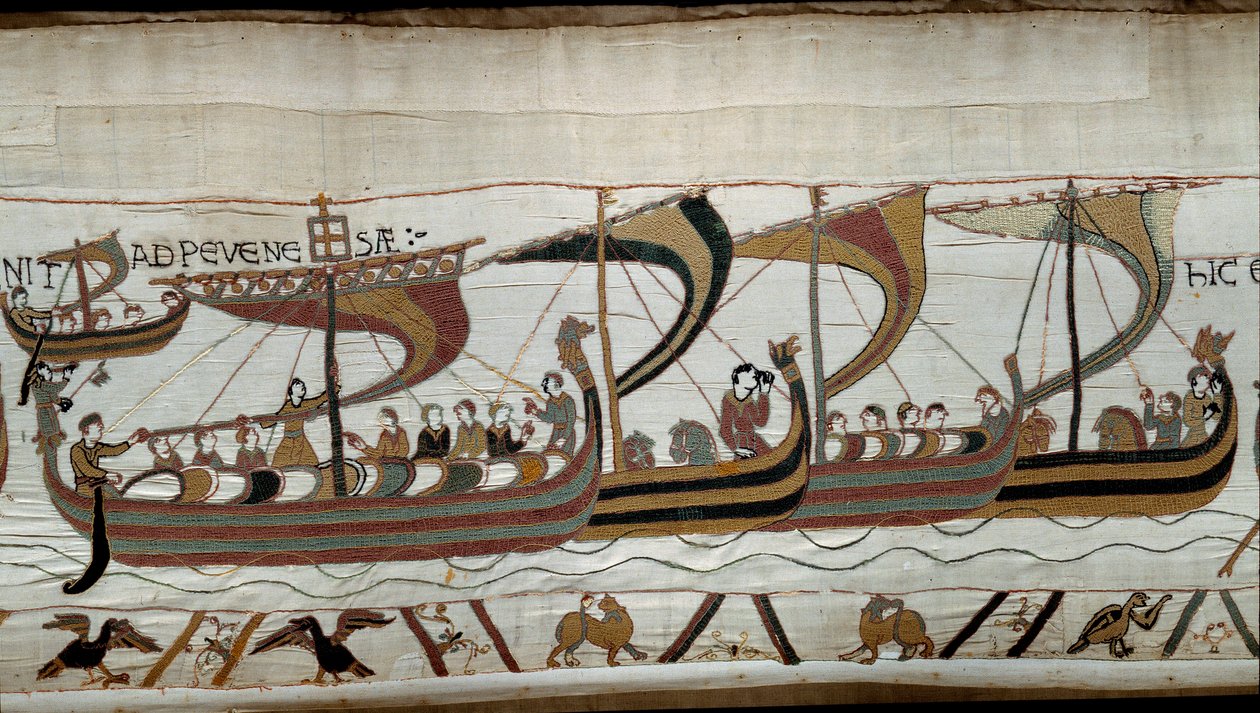 Englannin valloitus normannien herttua William Valloittajan (1027-1087) toimesta vuonna 1066: Normanin laivasto lähestyy Englannin rannikkoa Pevenseyssä. Yksityiskohta Bayeux