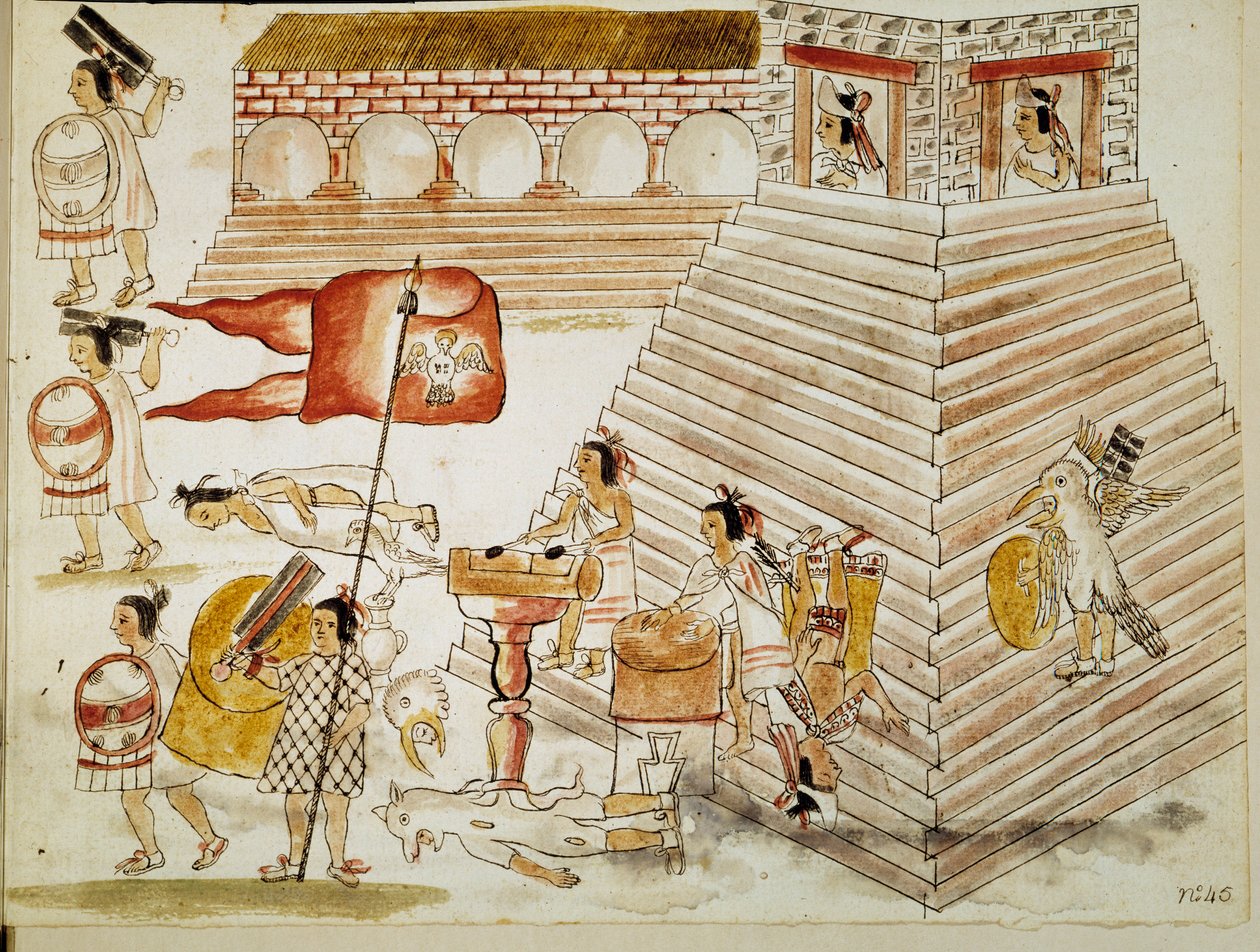 Meksikon valloitus: Atsteekkien valtakunnan pääkaupungin Tenochtitlanin tuhoaminen valloittaja Hernan Cortesin (Hernando Cortezin) (1485-1547) armeijan toimesta 24.6.1520”” Miniatyyri käsikirjoituksesta tekijältä Unknown artist
