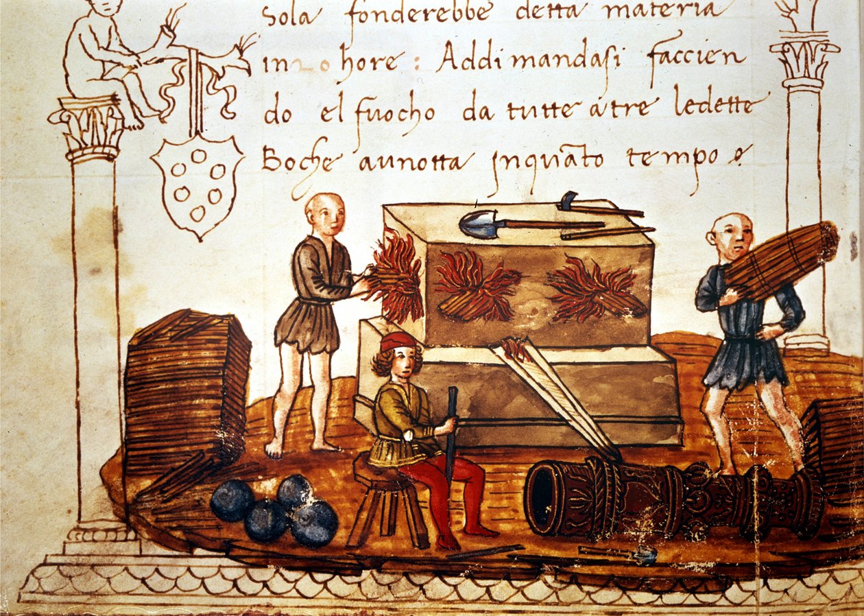 Pommin (kranaatin) rakentaminen 1400-luvulla. Giuliano de 