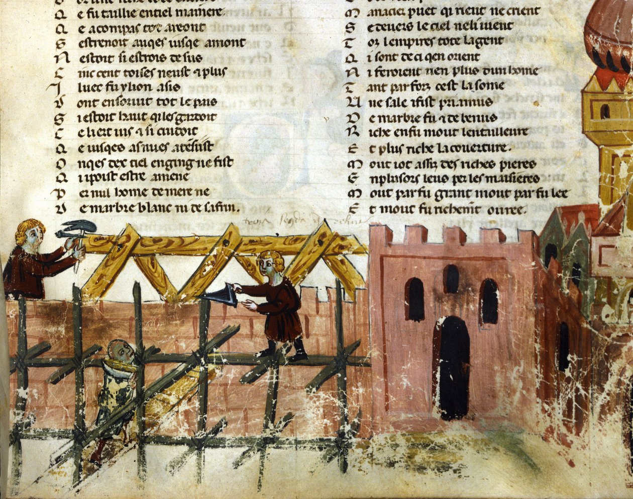 Rakennuskohtaus. Benoit de Saint Mauren "Roman de Troy" -miniatyyri. 1300-luvun Biblioteca Marciana, Venetsia tekijältä Unknown artist
