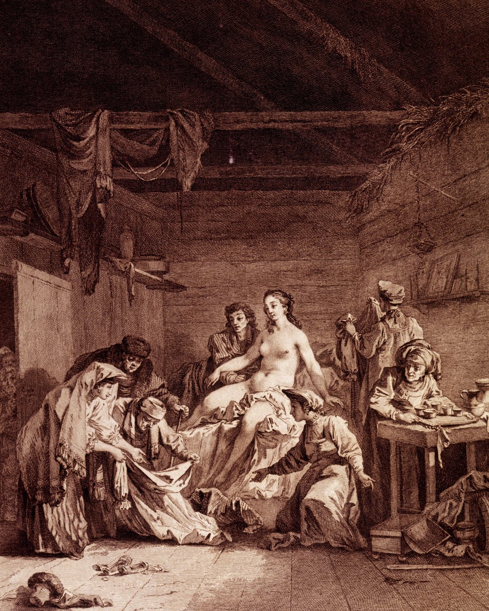 Defloration valvonta häiden jälkeen Venäjällä. Tämä varmisti, että avioliitto oli solmittu. Kaiverrus 1700-luvulta. tekijältä Unknown artist