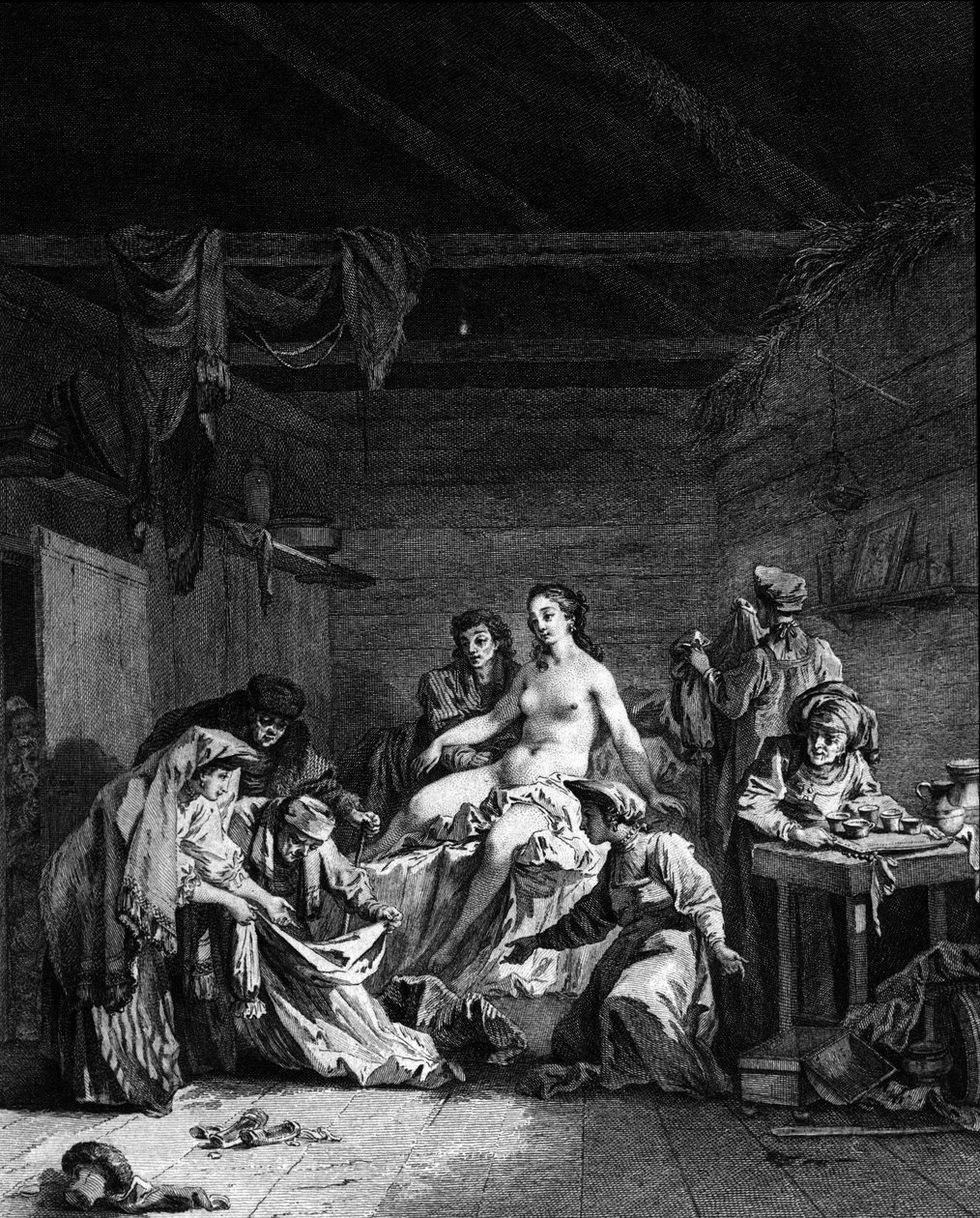 Puvunpoiston (kukkien poistamisen) valvonta neitsyen avioliiton jälkeen Venäjällä. Kaiverrus 1700-luvulta tekijältä Unknown artist