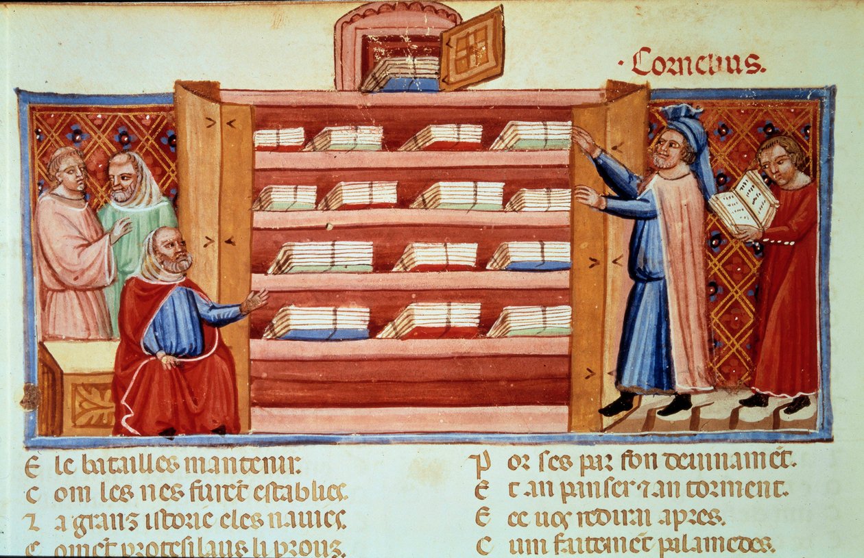 Cornelius Nepos, roomalainen elämäkerran kirjoittaja (100-25 eKr.), löytää vaatekaapista Dares of Frygianin Troijan historian. Miniatyyri Benoit de Sainte-Mauren (1100-luku) teoksessa "Le Roman de Troie" (Folio 2v) tekijältä Unknown artist