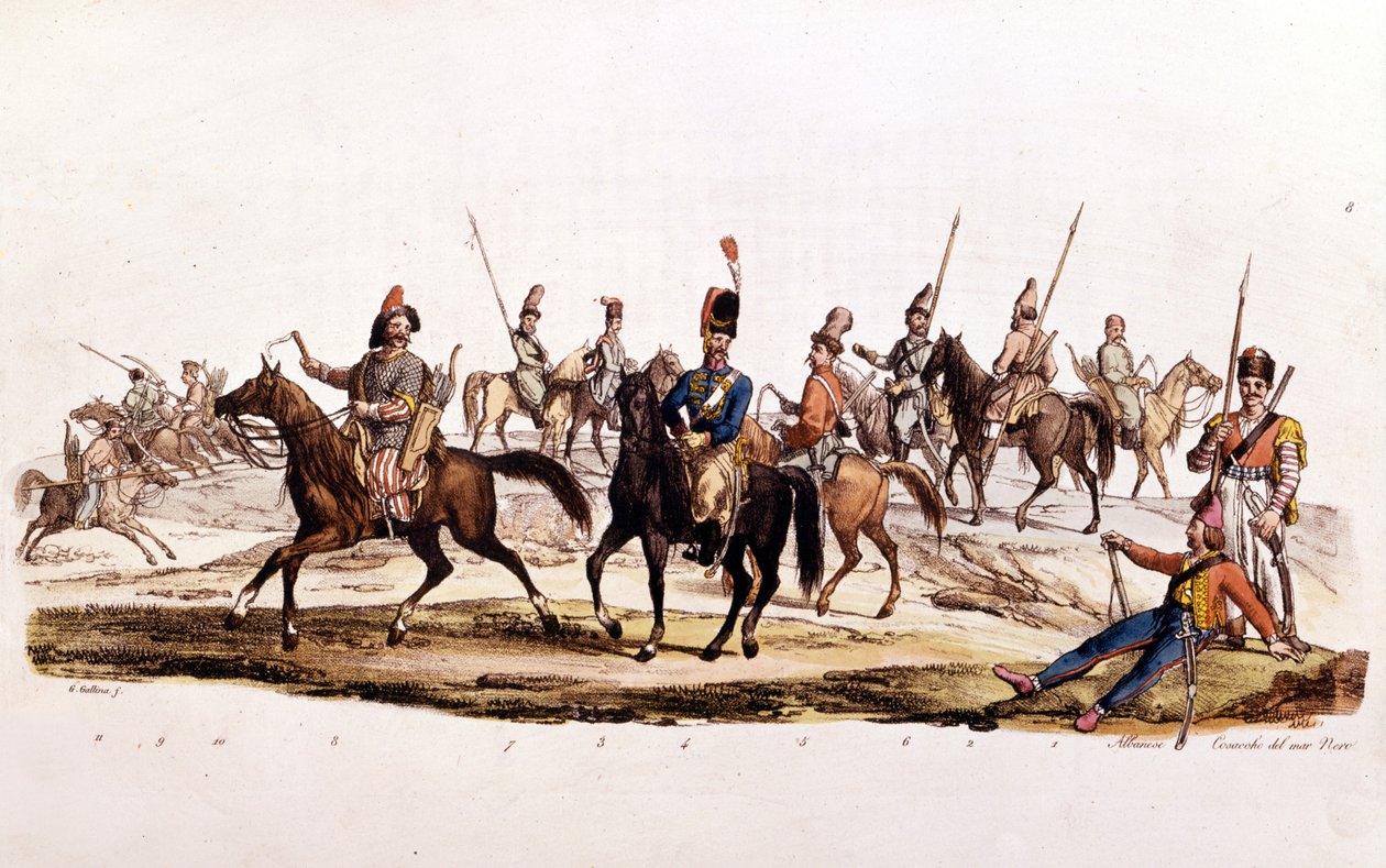 Kasakat: 1. 2. kasakot 3. Donin kasakot 4¡ Donin viralliset kasakat 5¡ Kasakka Chernomowskij 6¡ Uralin kasakot 7¡ Tavallinen kasakka 8¡ Baskkiri 9¡ ja 10¡ Kalmouk tekijältä Unknown artist