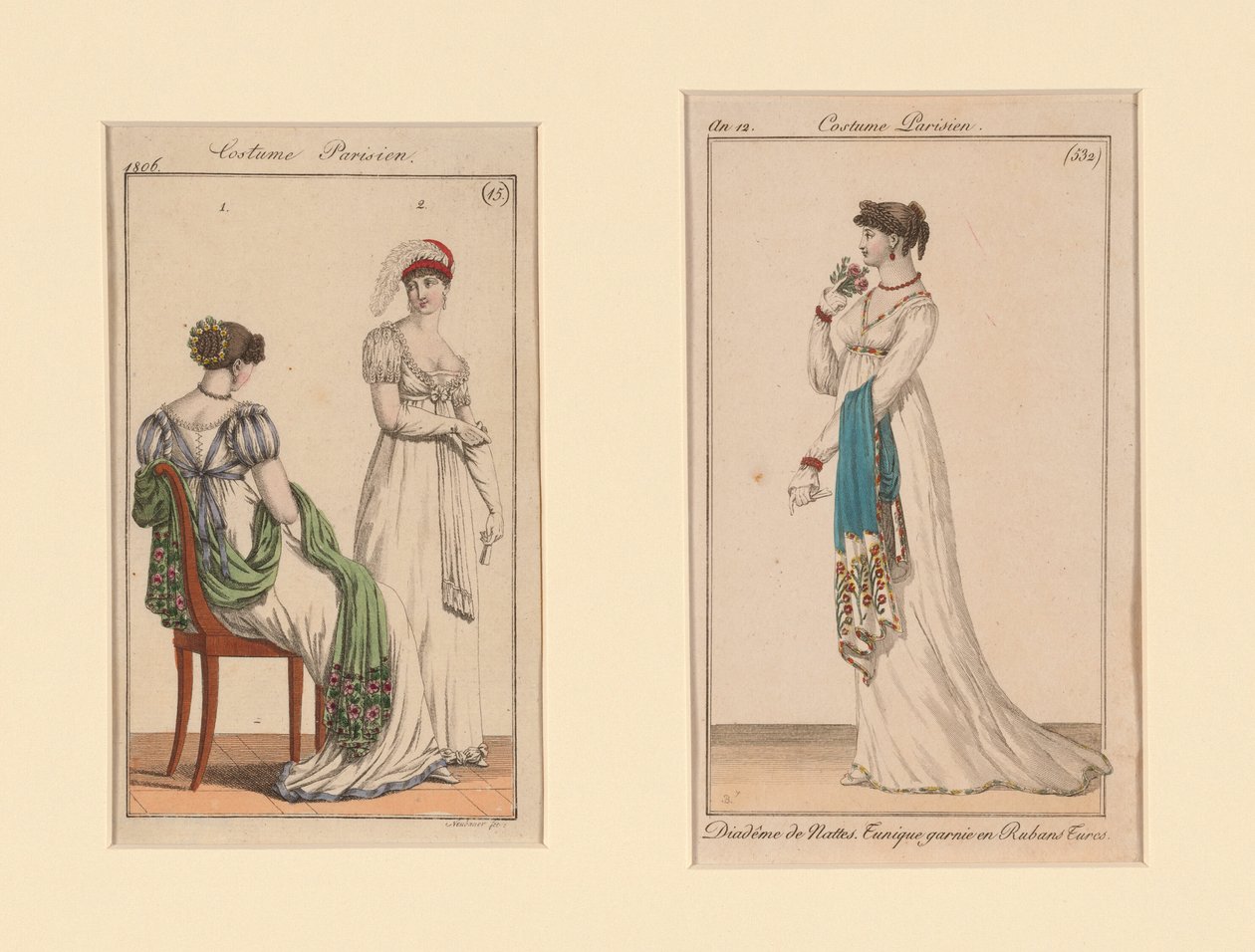 "Costume Parisien" -muotilevyt lehdistä Journal des Dames et Des Modes ja Costume Parisien (Naisten ja muodin lehti) tekijältä Unknown artist