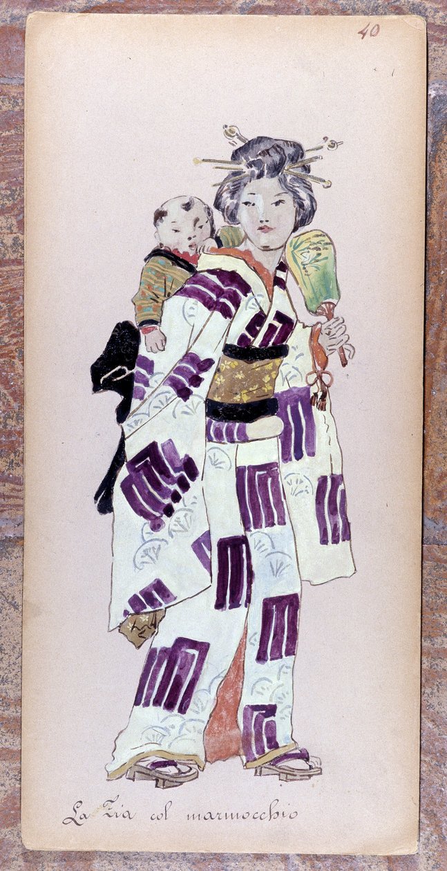 Costume de la zia con il marmocchio (Lapsi) Giacomo Puccinin Madame Butterfly -teoksen luomiseen vuonna 1904.Museo della Scalan kokoelma Milanossa. tekijältä Unknown artist