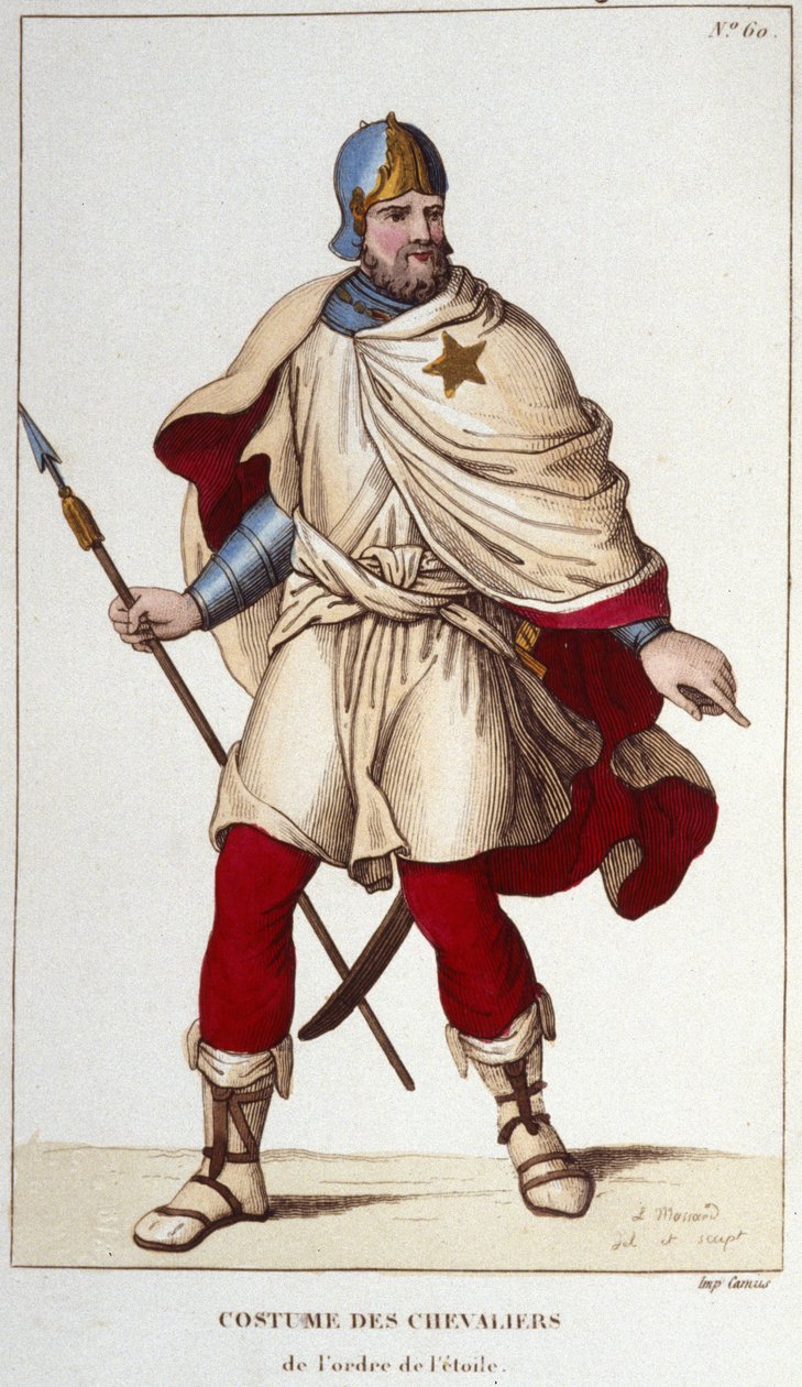 Johannes II Hyvän perustaman Tähtiritarikunnan puku vuonna 1351. kaiverrus vuodelta 1830 tekijältä Unknown artist