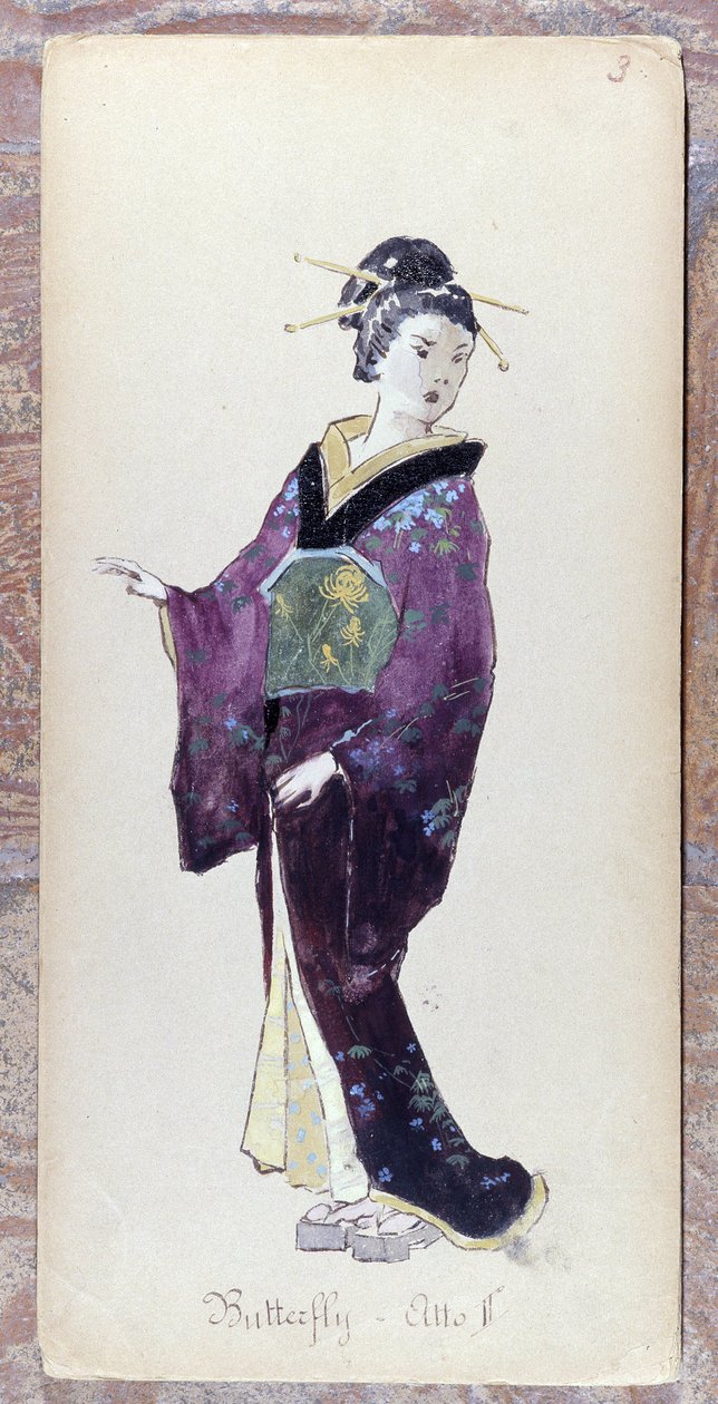 Madame Butterflyn II näytöksen puku Giacomo Puccinin Madame Butterfly -teoksen luomista varten vuonna 1904.Museo della Scalan kokoelma Milanossa. tekijältä Unknown artist