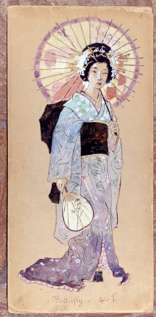 Madame Butterflyn puku ensimmäistä näytöstä varten Giacomo Puccinin Madame Butterfly -teoksessa vuonna 1904.Museo della Scalan kokoelma Milanossa. tekijältä Unknown artist