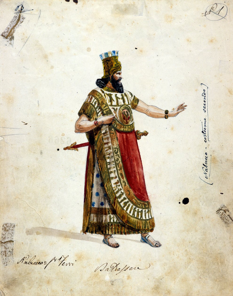 Babylonin kuninkaan Nabukadnessarin puku Giuseppe Verdin (1813 - 1901) oopperassa, "" Nabucco""" aluksi nimeltään "Nabucodonosor"". Musée de la Scala tekijältä Unknown artist