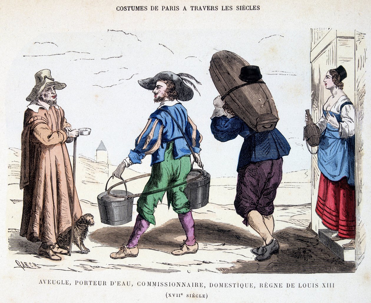 Sokean miehen, vedenkuljettajan, komissaarin, palvelijan puku 1600-luvulla Ludvig XIII:n hallituskaudella. Pariisin puvuissa vuosisatojen ajan. tekijältä Unknown artist