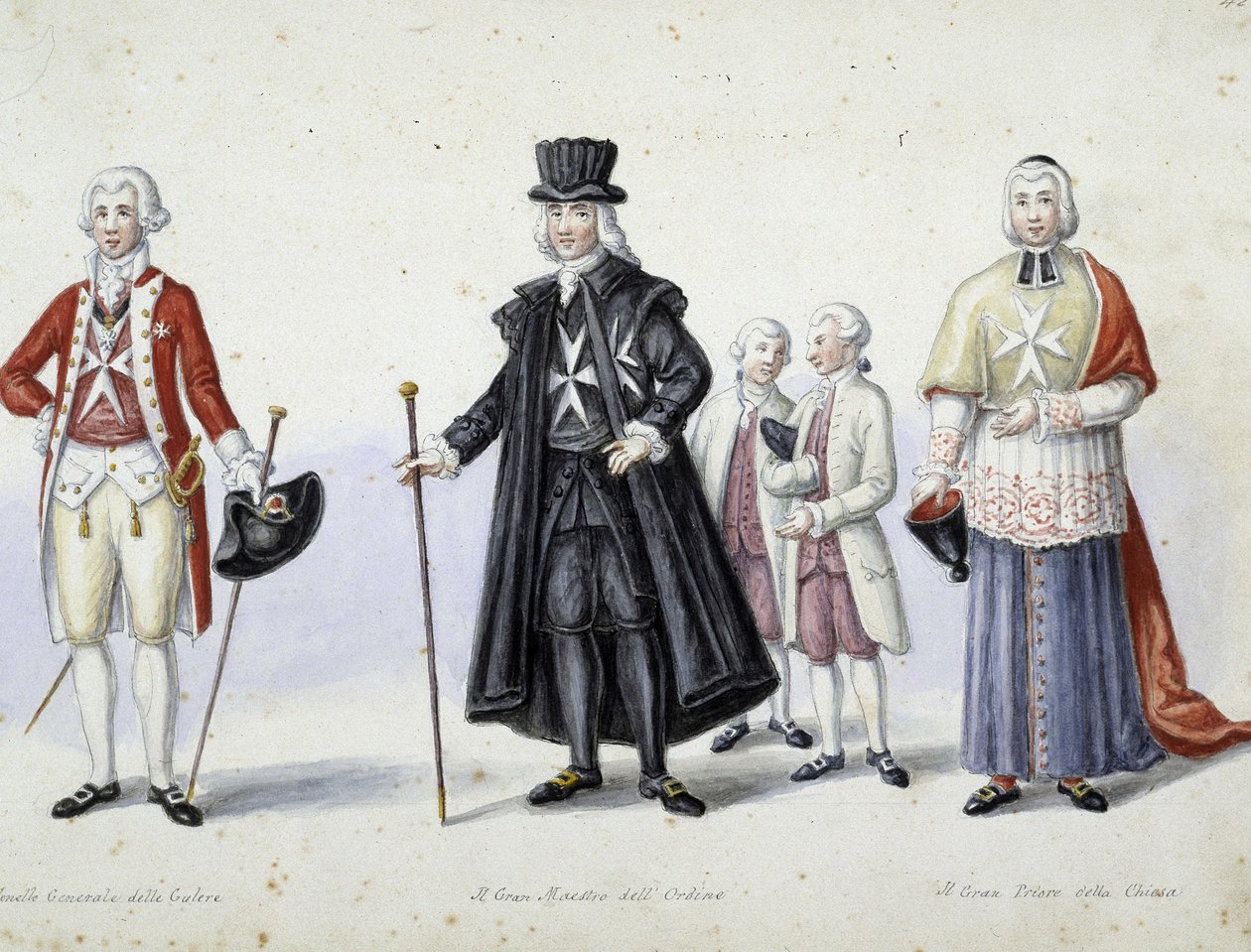 Puvut: 1. keittiöiden kenraali eversti, 2. ritarikunnan suurmestari, 3. kirkon suurpriori. sd. 1800-luvulla. tekijältä Unknown artist