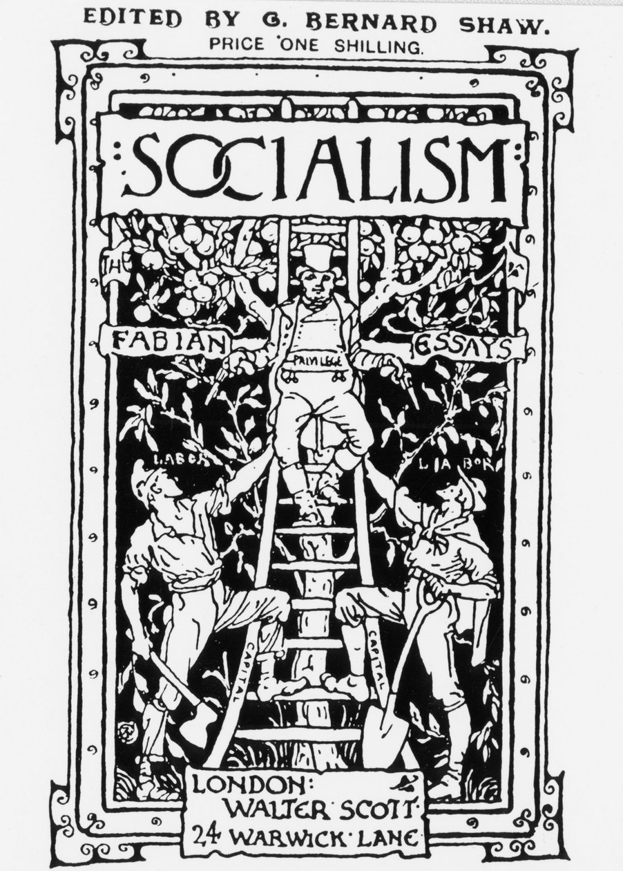 Fabian Society -lehden "Socialism" kansi, toimittanut G. B. Shaw. Allegoria edustaa asteikon huipulla olevaa etuoikeutta, joka symboloi pääomaa ja työntekijöiden valvontaa kahdella aseella. Kaiverrus. tekijältä Unknown artist