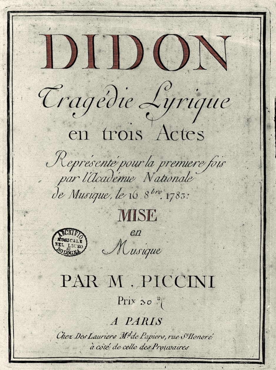 Kansi säveltäjä Niccolo Vito Piccinin (tai Piccinin) (1728-1800) oopperan "" Didon"" libretosta. 1783 tekijältä Unknown artist