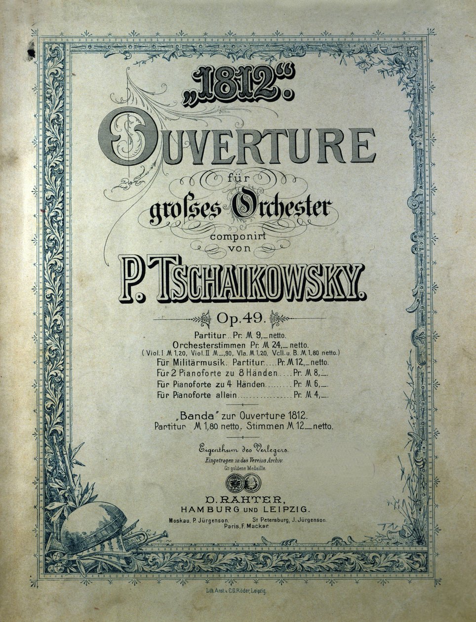 Kansi Piotr tai Pjotr Iljitš Tšaikovskin (tai Tšaikovskin tai Cajkovskij tai Tšaikovskin) opus 49:stä ”” Vuosi 1812” tekijältä Unknown artist