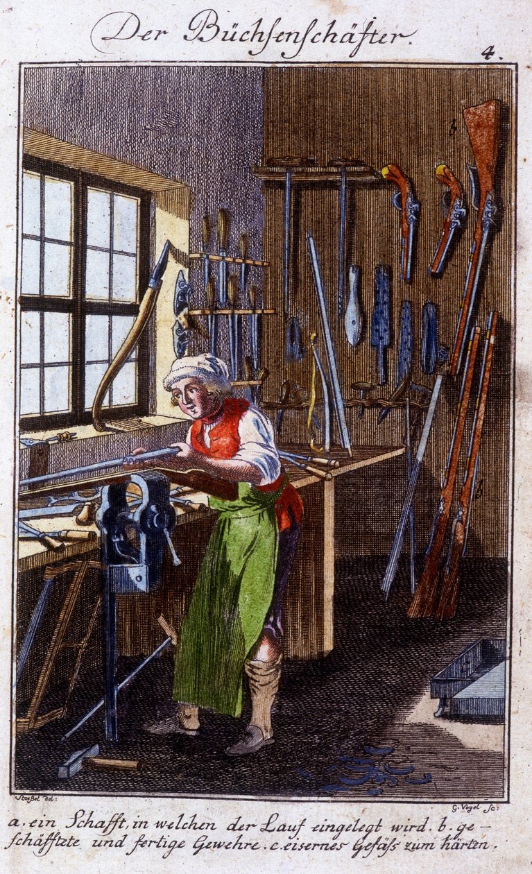 Käsityöt: arquebus-valmistaja työpajassaan. Johan Peter Vuen teoksessa ”Kattava kuvaus taiteesta ja käsityöstä ja työpajoista nuorille”. Ed. Nürnberg, Weigel ja Schneider tekijältä Unknown artist