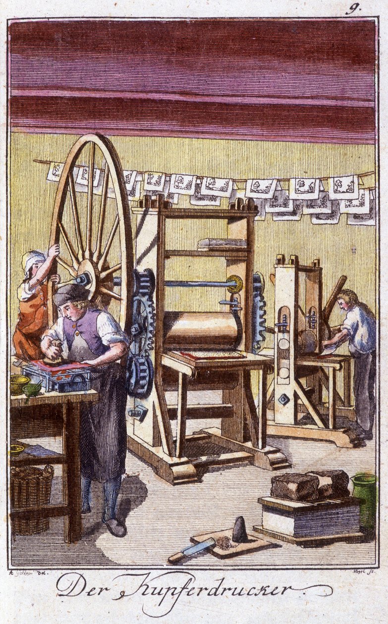 Käsityöt: kuparikaivertaja työpajassaan. Johan Peter Viren teoksessa ”Kattava kuvaus taiteesta ja työpajoista nuorille”. Ed. Nürnberg, Weigel ja Schneider tekijältä Unknown artist