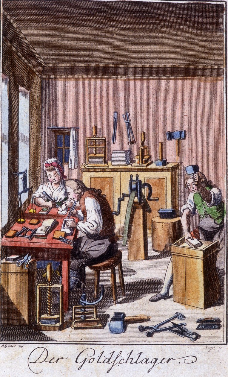 Käsityöt: kultarumpali työpajassaan. Johan Peter Vuen teoksessa ”Kattava kuvaus taiteesta ja käsityöstä ja työpajoista nuorille”. Ed. Nürnberg, Weigel ja Schneider tekijältä Unknown artist