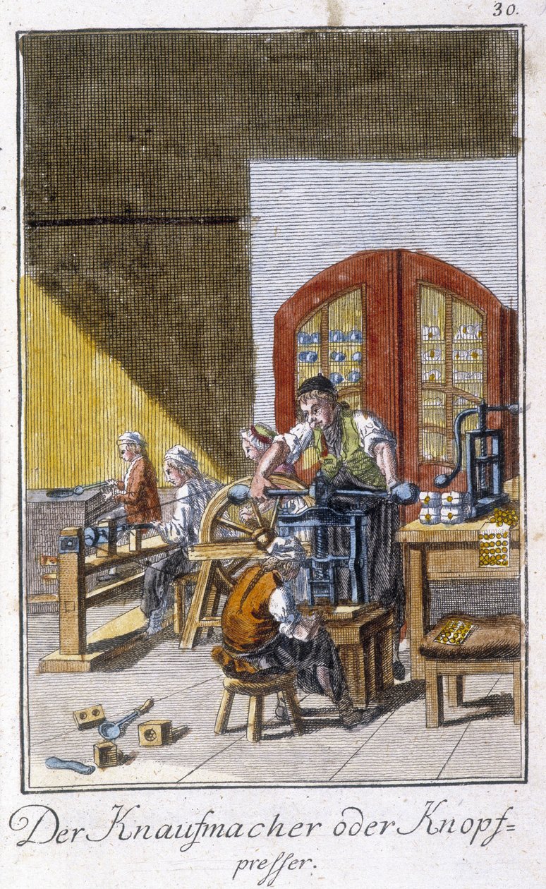 Käsityöt: nappien valmistaja työpajassaan. Johan Peter Vuen teoksessa ”Kattava kuvaus taiteesta ja käsityöstä ja työpajoista nuorille”. Ed. Nürnberg, Weigel ja Schneider tekijältä Unknown artist