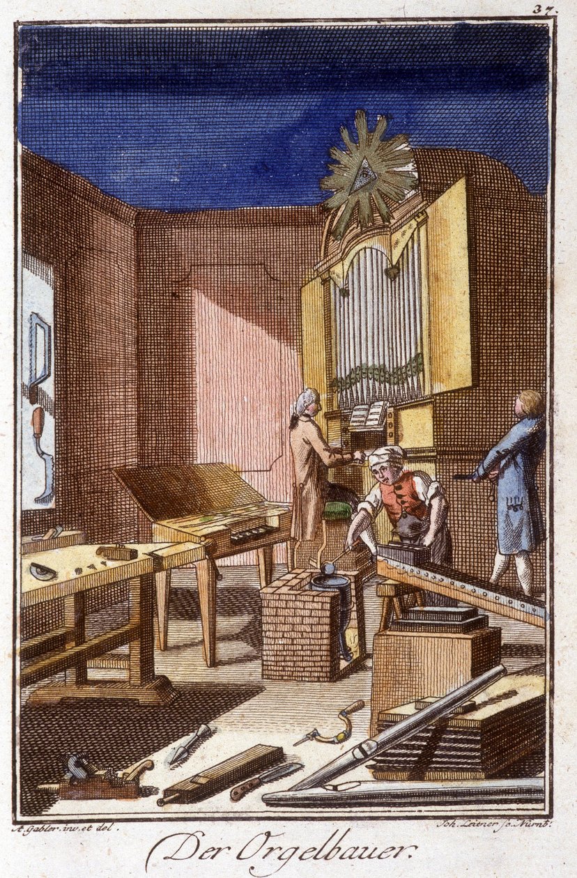 Käsityö: urkujen rakentaja työpajassaan. Johan Peter Vuen teoksessa ”Kattava kuvaus taiteesta ja käsityöstä ja työpajoista nuorille”. Ed. Nürnberg, Weigel ja Schneider tekijältä Unknown artist