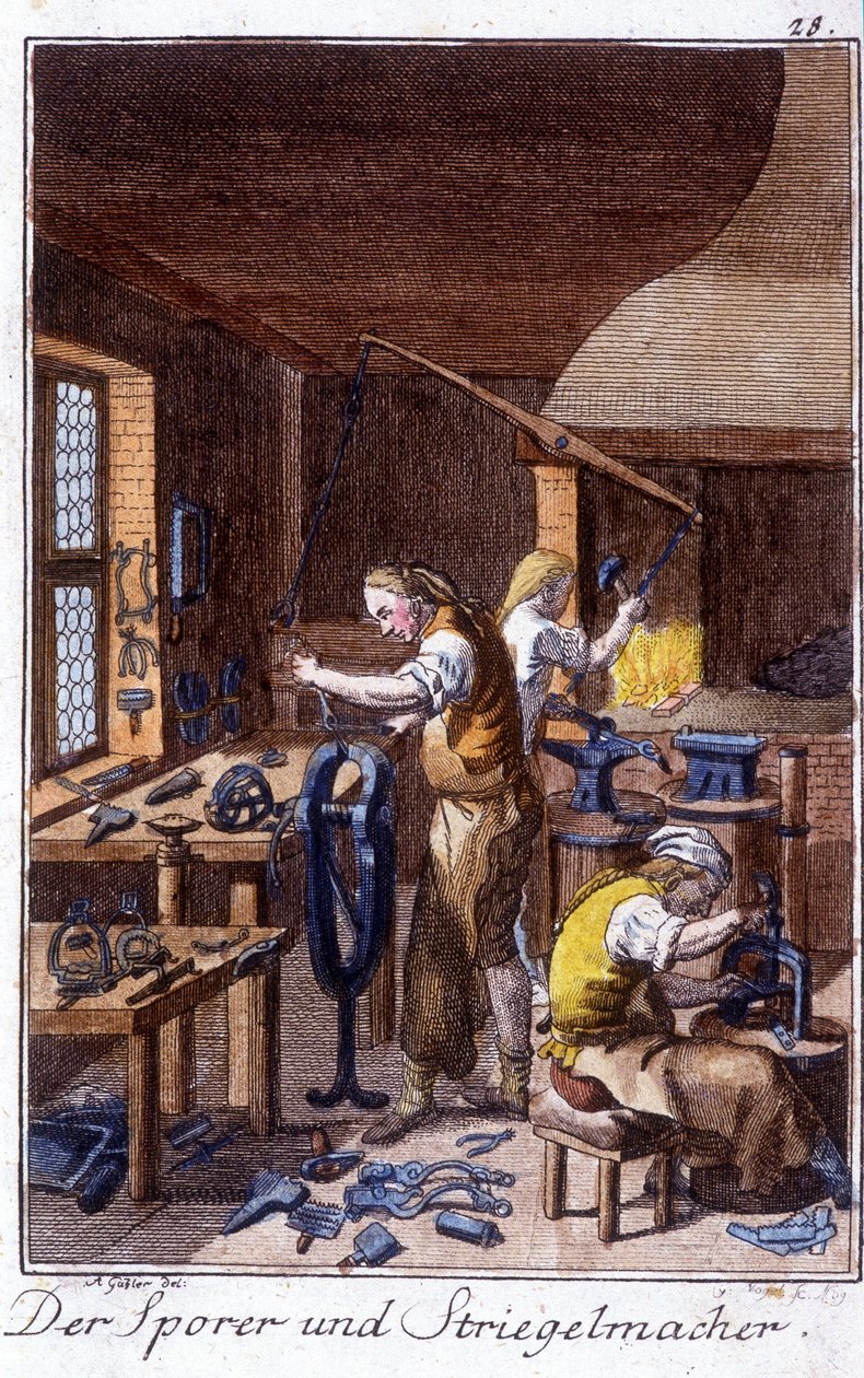 Craft craft: Spur, valmistaja kutistuminen harja työpajassaan. Johan Peter Viren teoksessa ”Kattava kuvaus taiteesta ja työpajoista nuorille”. Ed. Nürnberg, Weigel ja Schneider tekijältä Unknown artist