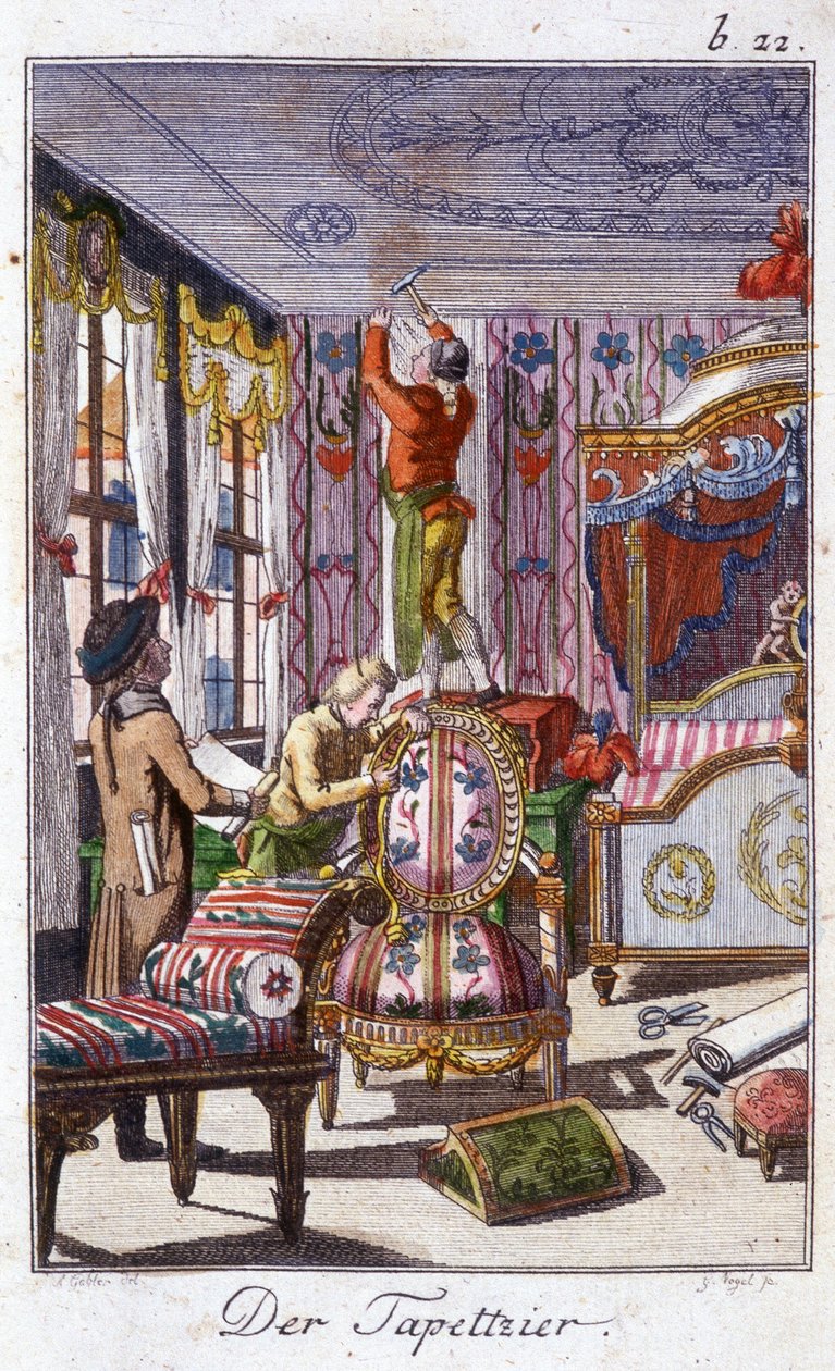 Käsityöt: verhoilu. Johan Peter Vuen teoksessa ”Kattava kuvaus taiteesta ja käsityöstä ja työpajoista nuorille”. Ed. Nürnberg, Weigel ja Schneider tekijältä Unknown artist