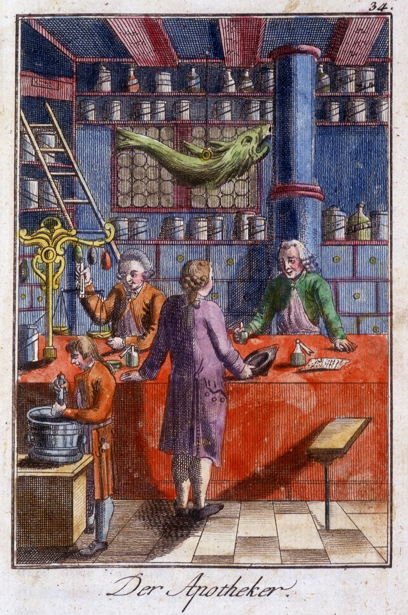 Käsityöt: apteekki (apteekkari) työpajassaan. Johan Peter Viren teoksessa ”Kattava kuvaus taiteesta ja työpajoista nuorille”. Ed. Nürnberg, Weigel ja Schneider tekijältä Unknown artist