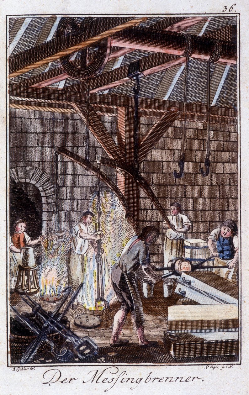 Käsityöt: messinkitavaroiden valmistaja työpajassaan. Johan Peter Vuen teoksessa ”Kattava kuvaus taiteesta ja työpajoista nuorille””” Ed. Nürnberg, Weigel ja Schneider tekijältä Unknown artist