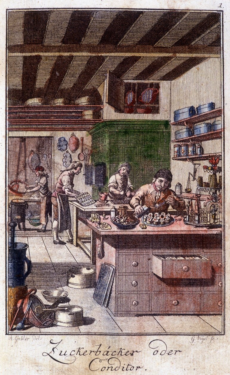 Käsityöt: kondiittori työpajassaan. Johan Peter Vuen teoksessa ”Kattava kuvaus taiteesta ja käsityöstä ja työpajoista nuorille”. Ed. Nürnberg, Weigel ja Schneider tekijältä Unknown artist