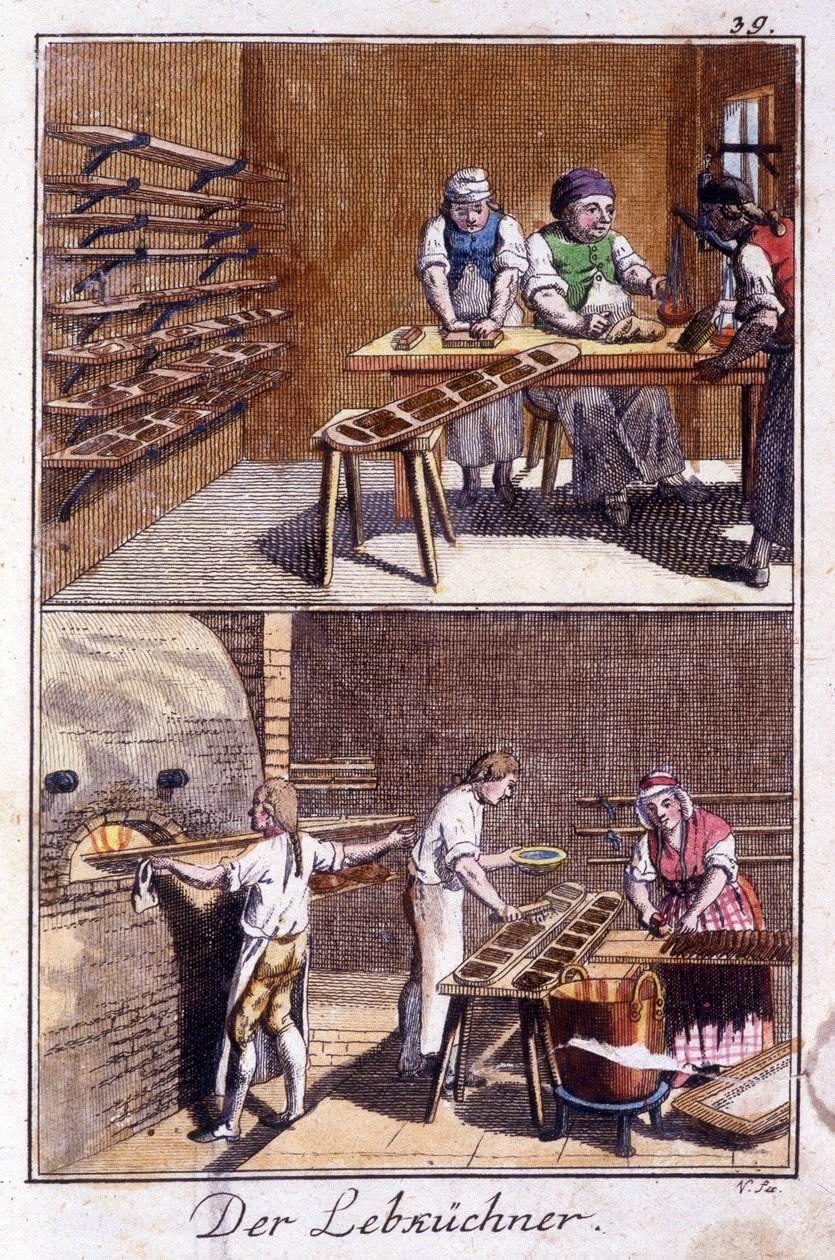 Käsityöt: piparkakkuvalmistaja työpajassaan. Johan Peter Vuen teoksessa ”Kattava kuvaus taiteesta ja käsityöstä ja työpajoista nuorille”. Ed. Nürnberg, Weigel ja Schneider tekijältä Unknown artist