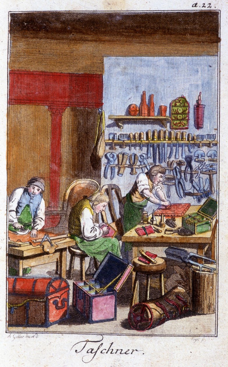 Käsityöt: pochetier ja gibecier työpajassaan. Johan Peter Vuen teoksessa ”Kattava kuvaus taiteesta ja käsityöstä ja työpajoista nuorille”. Ed. Nürnberg, Weigel ja Schneider tekijältä Unknown artist