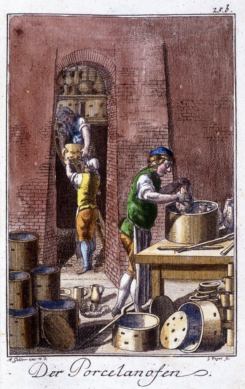 Käsityöt: posliinintekijä työpajassaan. Johan Peter Vuen teoksessa ”Kattava kuvaus taiteesta ja käsityöstä ja työpajoista nuorille”. Ed. Nürnberg, Weigel ja Schneider tekijältä Unknown artist