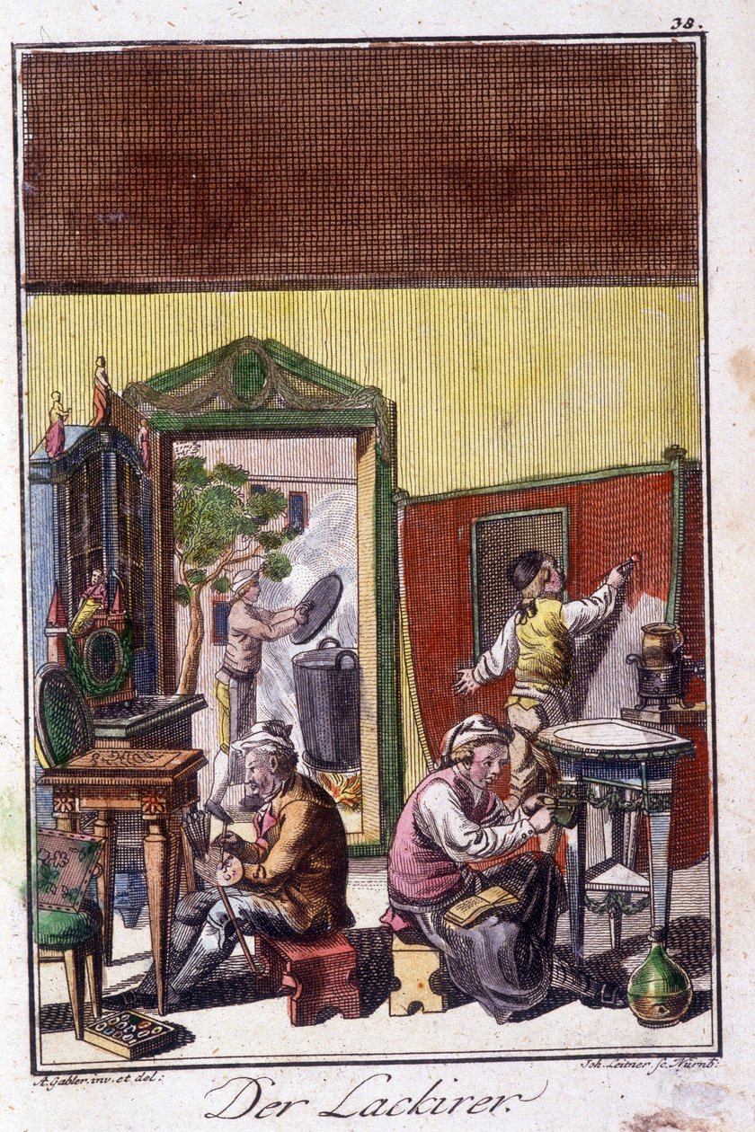 Käsityöt: lakkaisija työpajassaan. Johan Peter Vuen teoksessa ”Kattava kuvaus taiteesta ja käsityöstä ja työpajoista nuorille”. Ed. Nürnberg, Weigel ja Schneider tekijältä Unknown artist