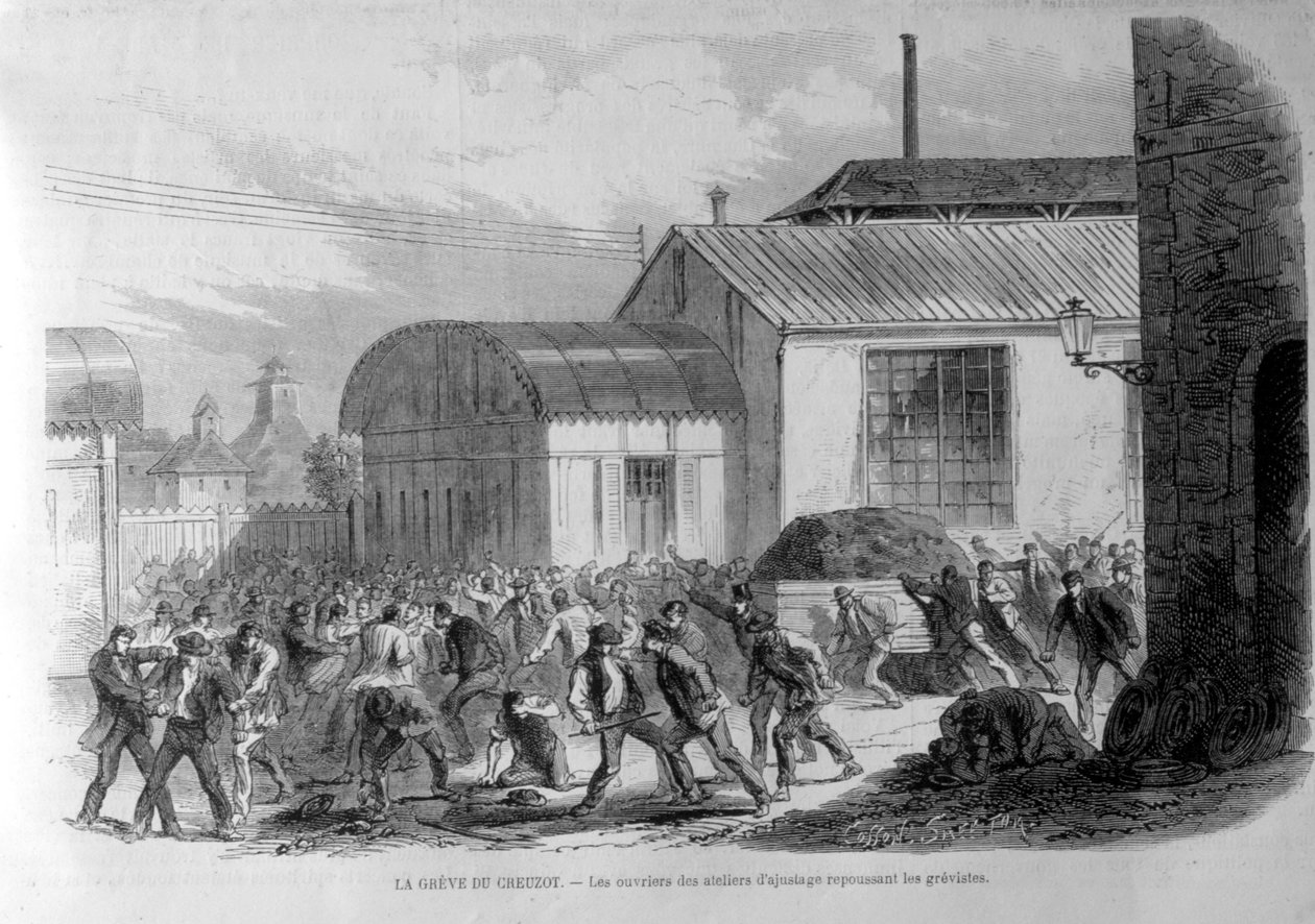 Creusotin lakko. Säätöliikkeiden työntekijät torjuvat lakkoilijoita. Kaiverrus 1800-luvulta. tekijältä Unknown artist