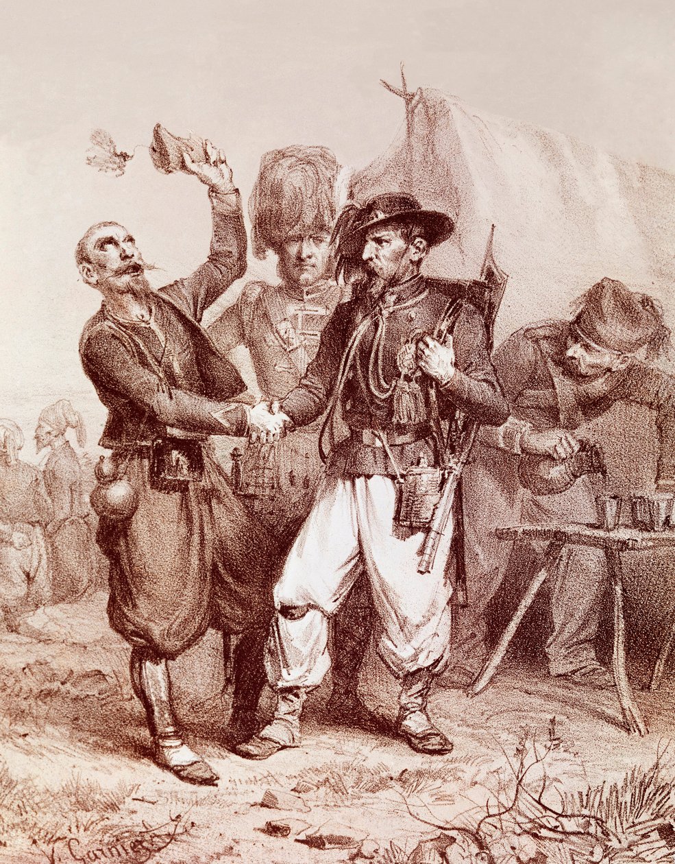 Krimin sota (1853-1856): allegoria Ranskan, Sardinian kuningaskunnan ja Englannin välisestä liitosta Venäjää vastaan. 1854 tekijältä Unknown artist