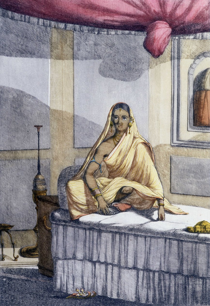 Kulttuuri, sivilisaatio ja intialainen yhteiskunta: "erityinen nainen" tai korkeampaan kastiin kuuluva nainen. Kaiverrus vuodelta 1808. tekijältä Unknown artist