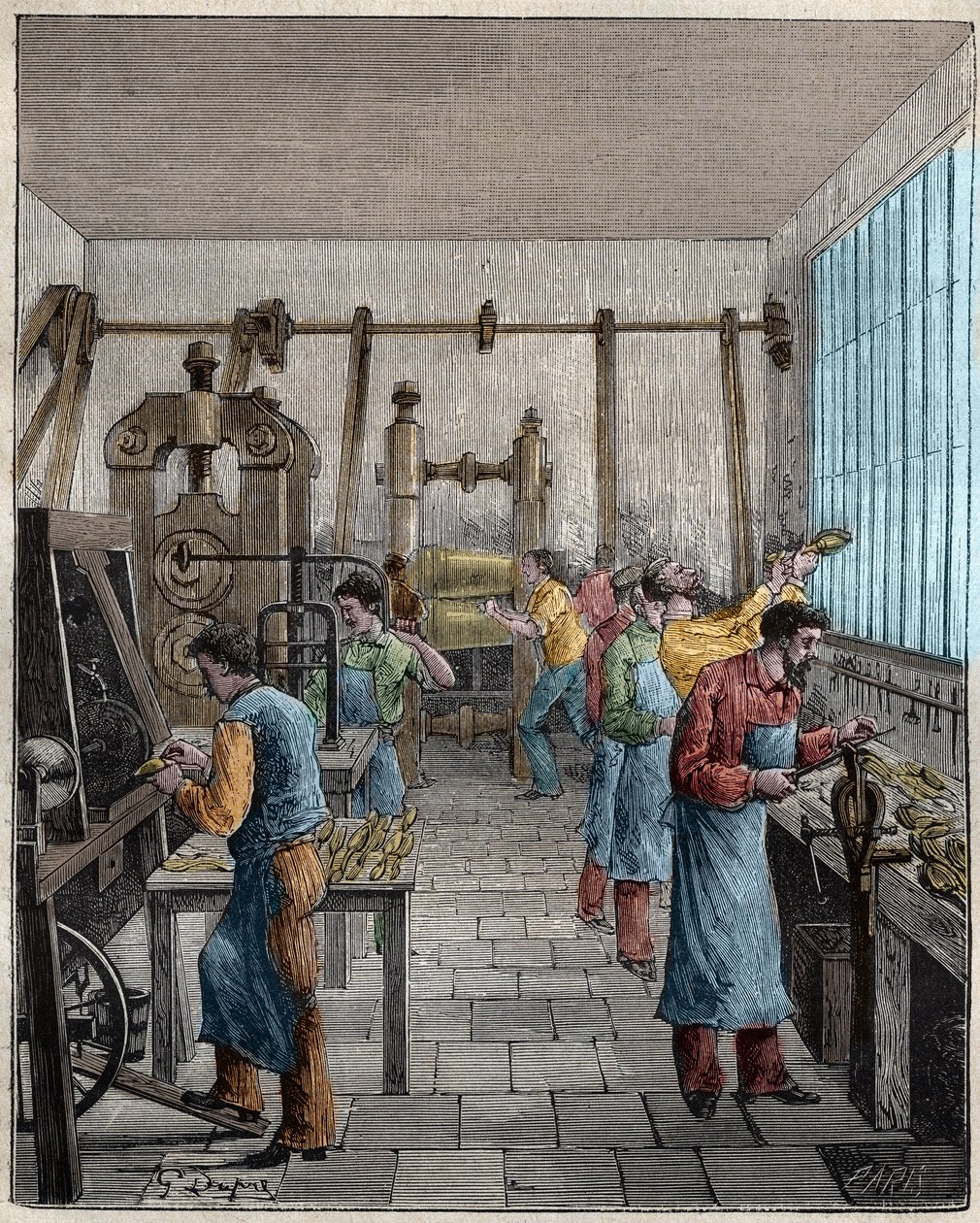 Ruokailuvälineiden valmistuspaja (Posate) Ranskassa 1800-luvulla. Kaiverrus vuodelta 1885 kirjassa "Les arts et metiers illustres", kirjoittanut Adolphe BITARD. tekijältä Unknown artist