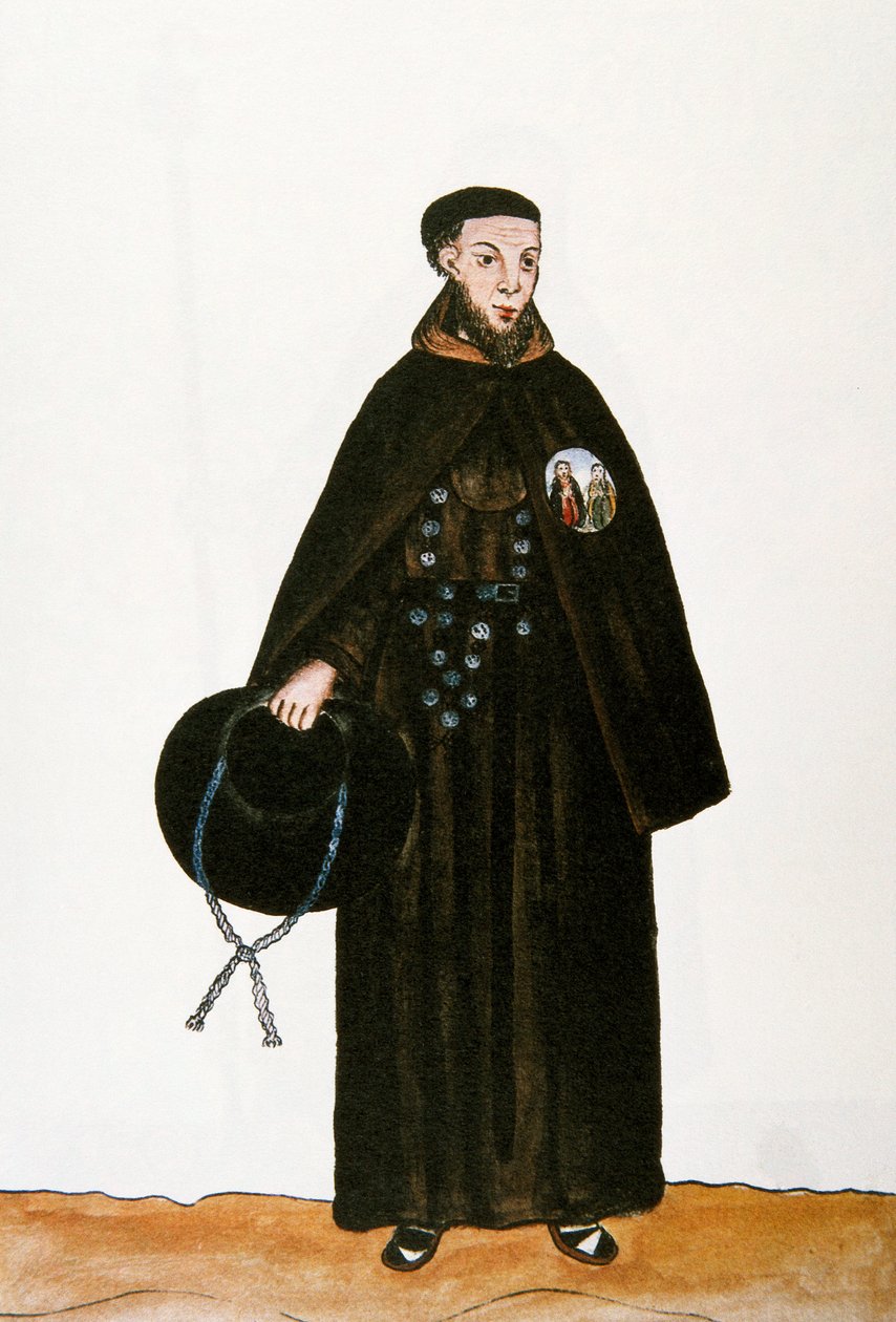 Perun arkielämä ja tavat: "" fransiskaanisen ritarikunnan munkin esitys "" Akvarelli otettu Trujillon piispan (1782-1785) Baltasar Martinez Companon y Bajandan kirjasta "" Trujillo del Peru "". 1700-luvun Madrid. Biblioteca del Palac tekijältä Unknown artist