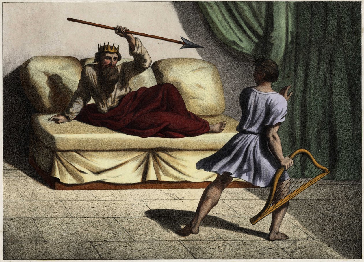 Daavid soittaa sittaria kuningas Saulin edessä rauhoitellakseen häntä. Anonyymi kaiverrus 1800-luvun puolivälistä. tekijältä Unknown artist