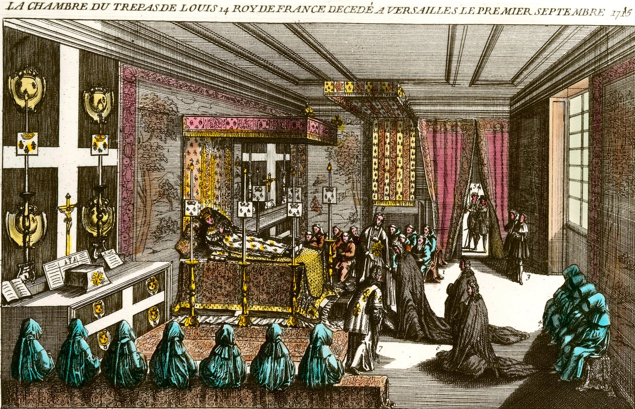 Kuningas Ludvig XIV:n kuolema: Ludvig XIV:n (1638-1715) ruumishuone, joka tunnetaan nimellä kuningas Soleil, luovutti Versaillesille 1.9.1715. Kaiverrus 1700-luvun yksityiskokoelmasta tekijältä Unknown artist