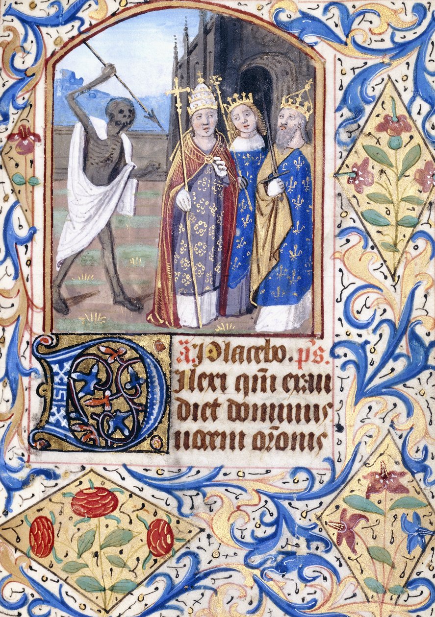 Kuolema keihäsllään, joka osoittaa kolmea hahmoa, paavi, kuningas, kuningas ja kuningatar, seisomassa goottilaisen kirkon edessä, n. 1470 tekijältä Unknown artist